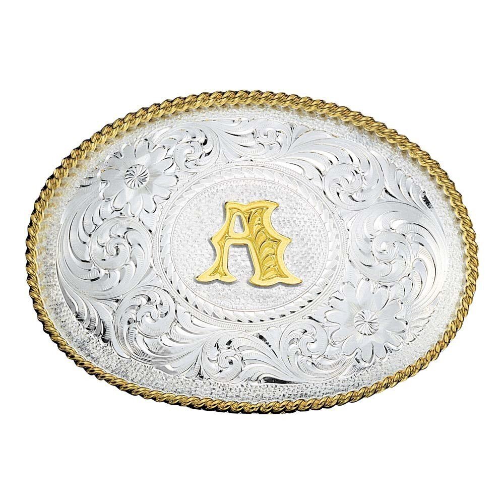7414 Initial Silver Engraved Gold Trim Western Belt Buckle A